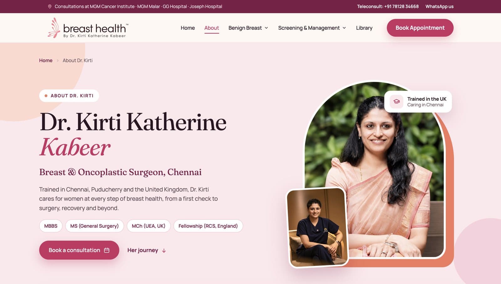The About page of the Breast Health website, introducing Dr. Kirti Katherine Kabeer