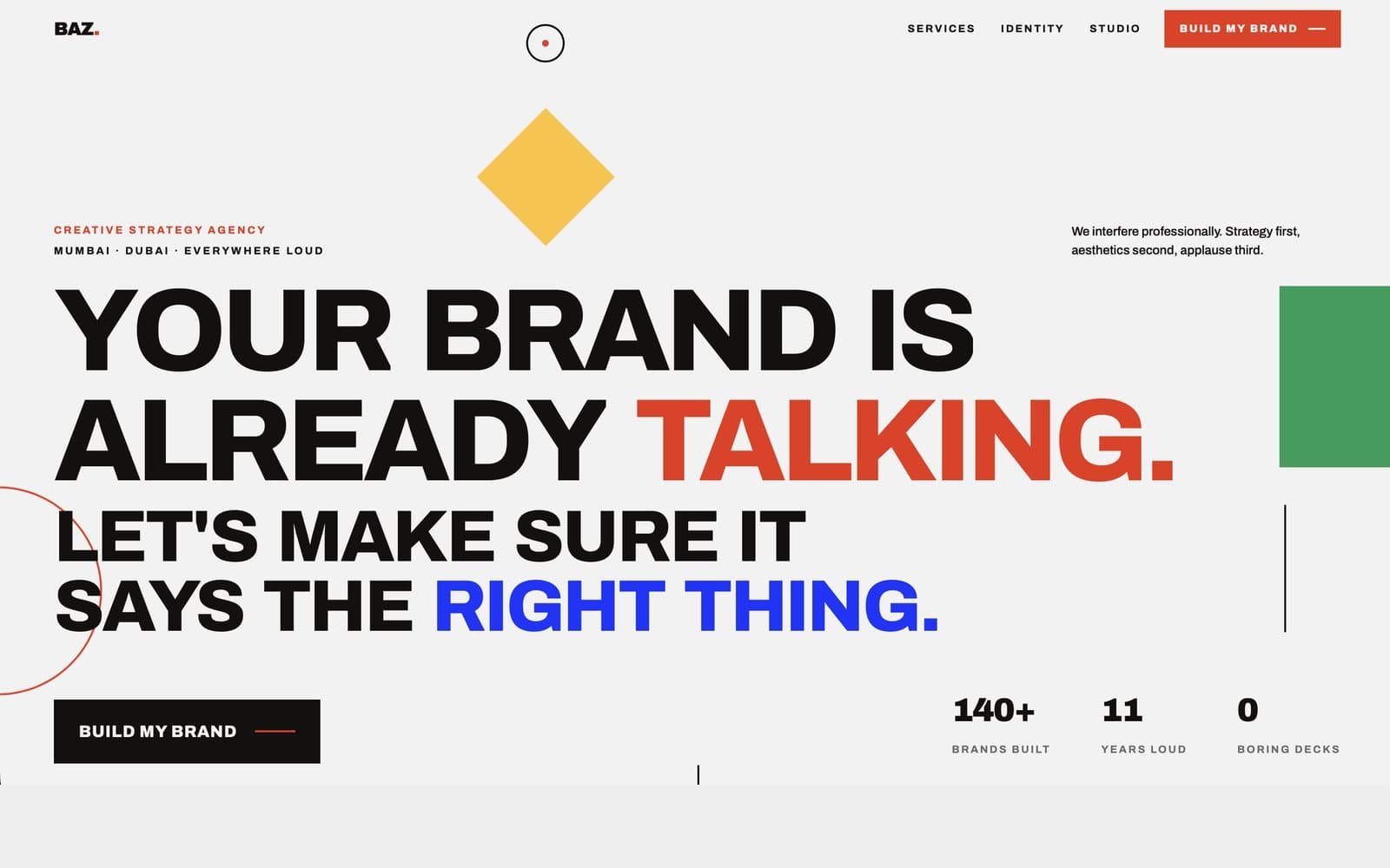 The BAZ homepage: "Your brand is already talking. Let's make sure it says the right thing."