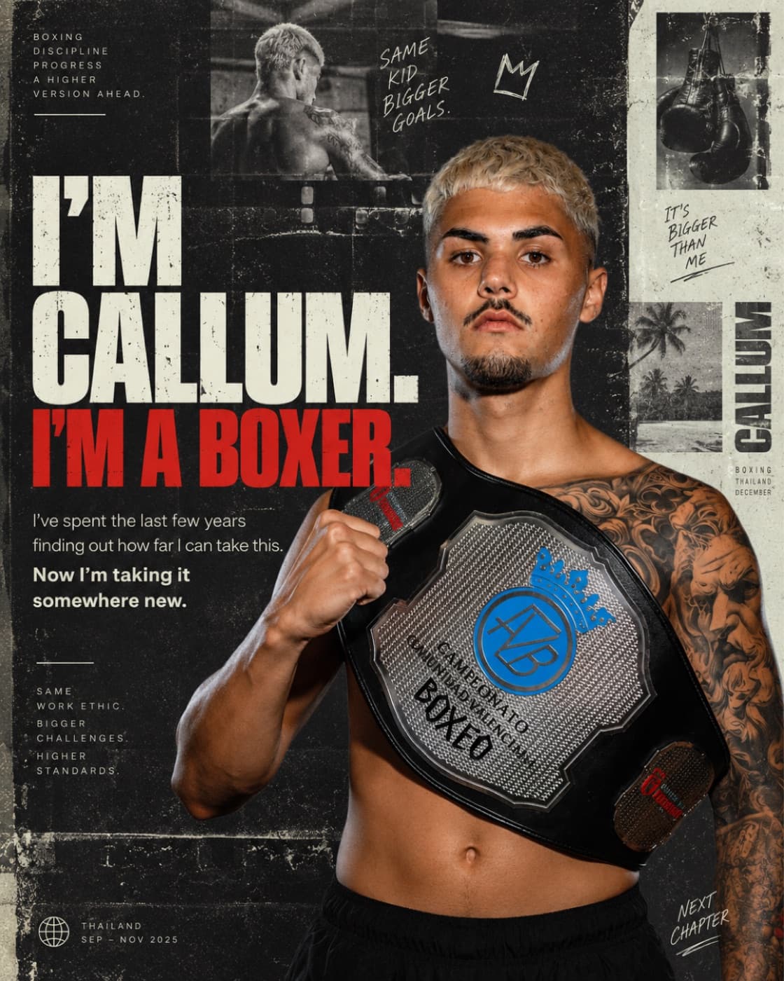 Callum holding a boxing title belt, poster reading I am Callum, I am a boxer